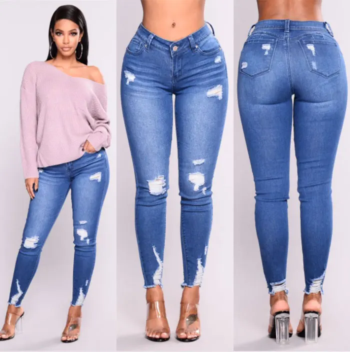 2019 новые синие джинсы узкие брюки женские с высокой талией тонкие рваные повседневные джинсы из денима стрейч обтягивающие джинсы-скинни