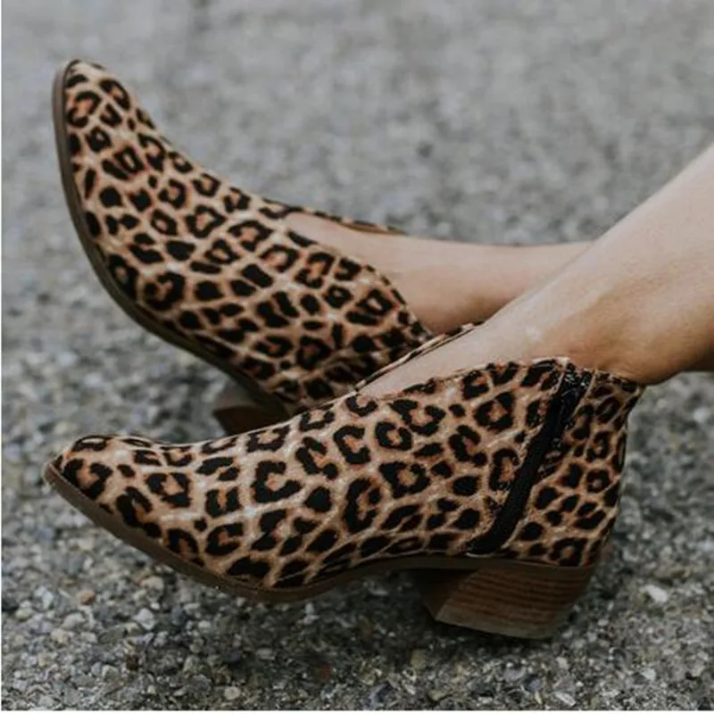 

Spring Women Boots 2019 Leopard Print Sexy Pointed Toe Ankle Boots Female Square Heel Slip on Women Lady Party Dress Shoes WF04