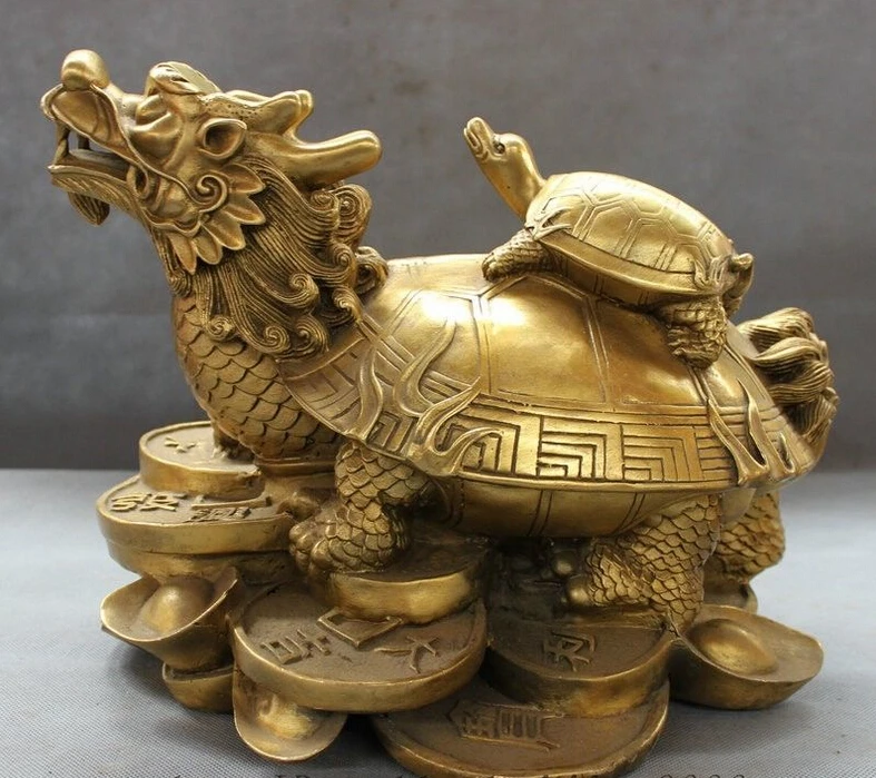 

14" Chinese Pure Brass Folk FengShui Wealth Dragon Turtle On Coin YuanBao Statue