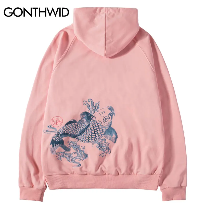 GONTHWID японский Ukiyo-E вышитые Карп рыбы тонкие толстовки с капюшоном Harajuku