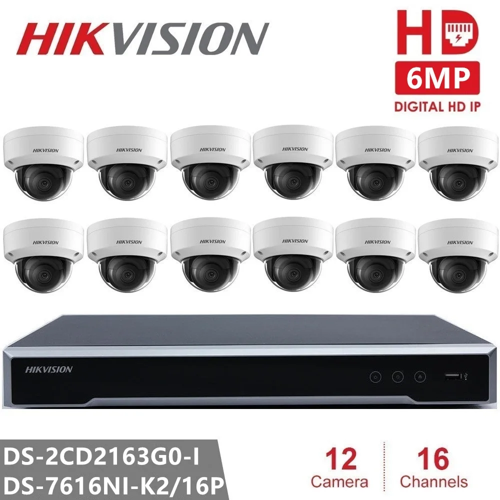 Hikvision комплекты видеонаблюдения NVR+ 12 камера безопасности камера 6MP купольная ip-камера ИК фиксированная сетевая камера CCTV камера H.265