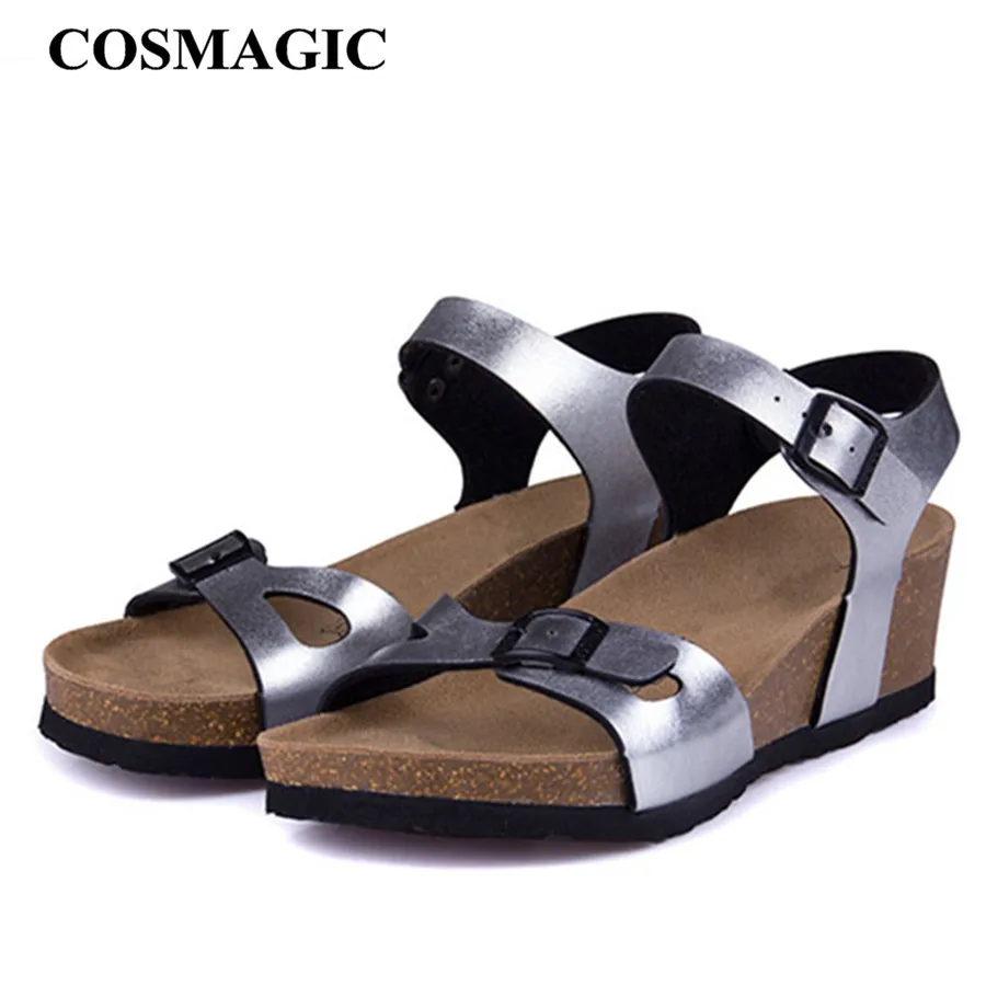 

COSMAGIC Fashion Women Cork Sandals 2019 New Summer Beach Wedge Trifle Buckle Strap Black White Platform Outside Sandals Shoe