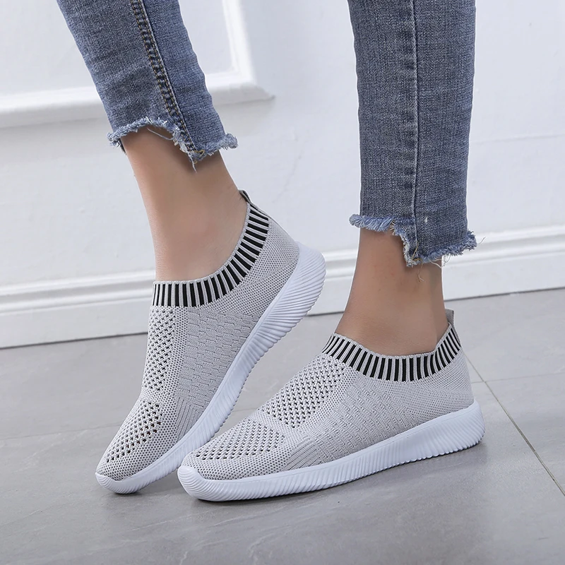 

plus size breathable air mesh sneakers women 2019 spring summer slip on platform knitting flats soft walking shoes woman