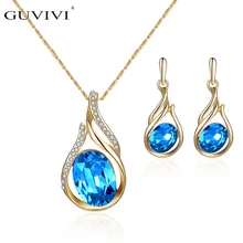 Guvivi, Модный золотой цвет, кристалл, Cz, висячие серьги, подвеска, набор для женщин, синий, красный, стразы, Свадебный, для вечеринки, ювелирный набор