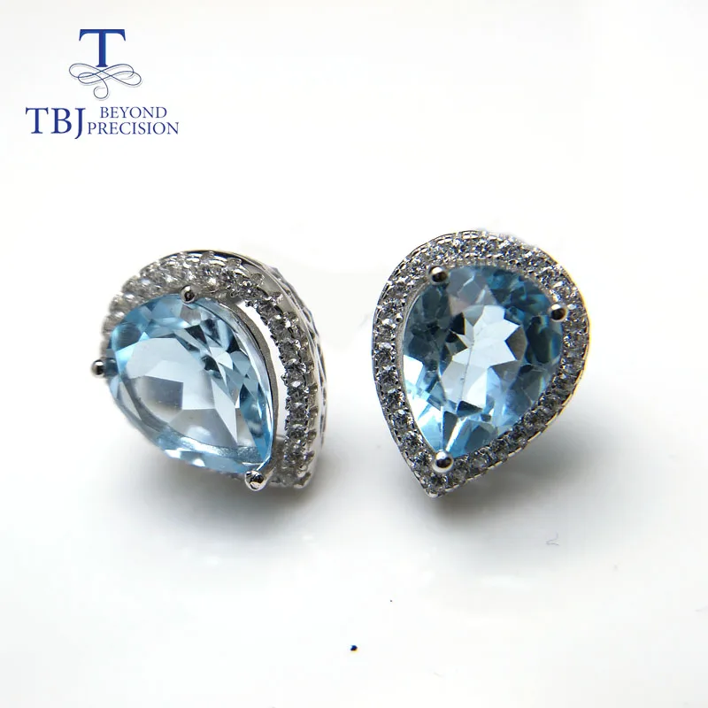 

TBJ,Blue topaz PEAR 7*9mm Earring Studs Water Drop Stone simple Earring 925 Sterling Silver Jewelry For Friends Gift with box
