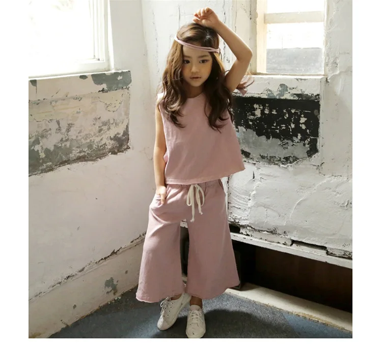 Casual Kids Clothes Suit For Teenage Girls Clothing set 2019 Summer Solid Vest Tshirt Pants 2-piece Soft Cotton Children Outfits (15)