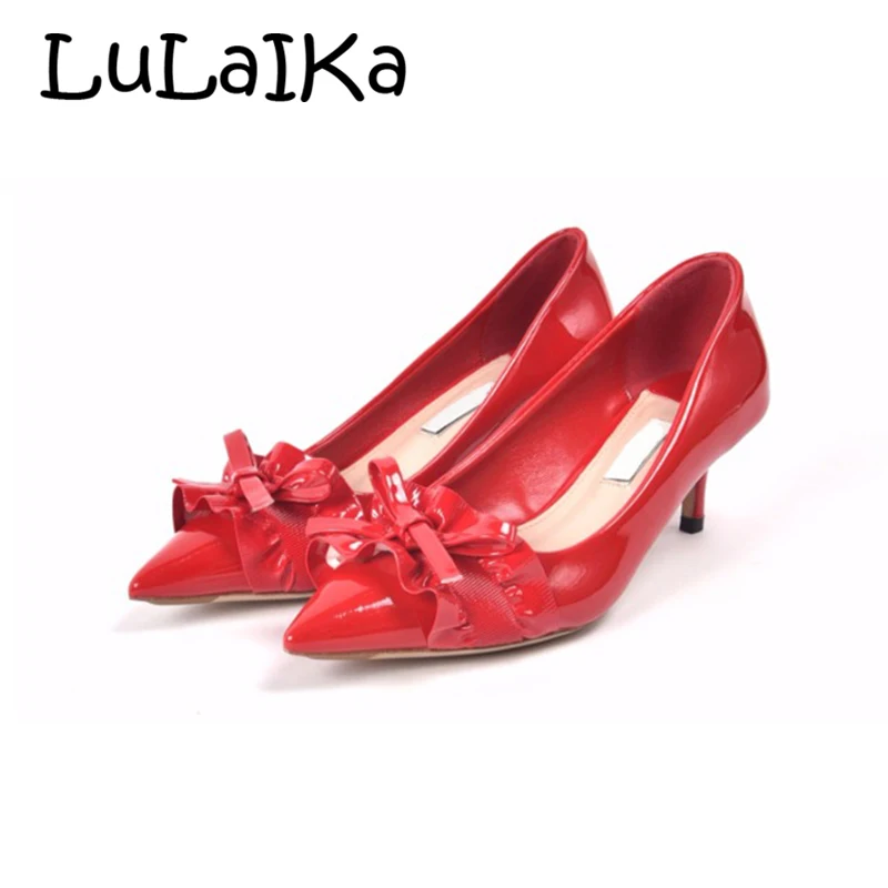 

2018 Genuine Leather Women Spring Shoes Stilettos Shallow High heels Ruffles Woman Pumps Fashion Brand Ladies Party Pumps 5-8 cm