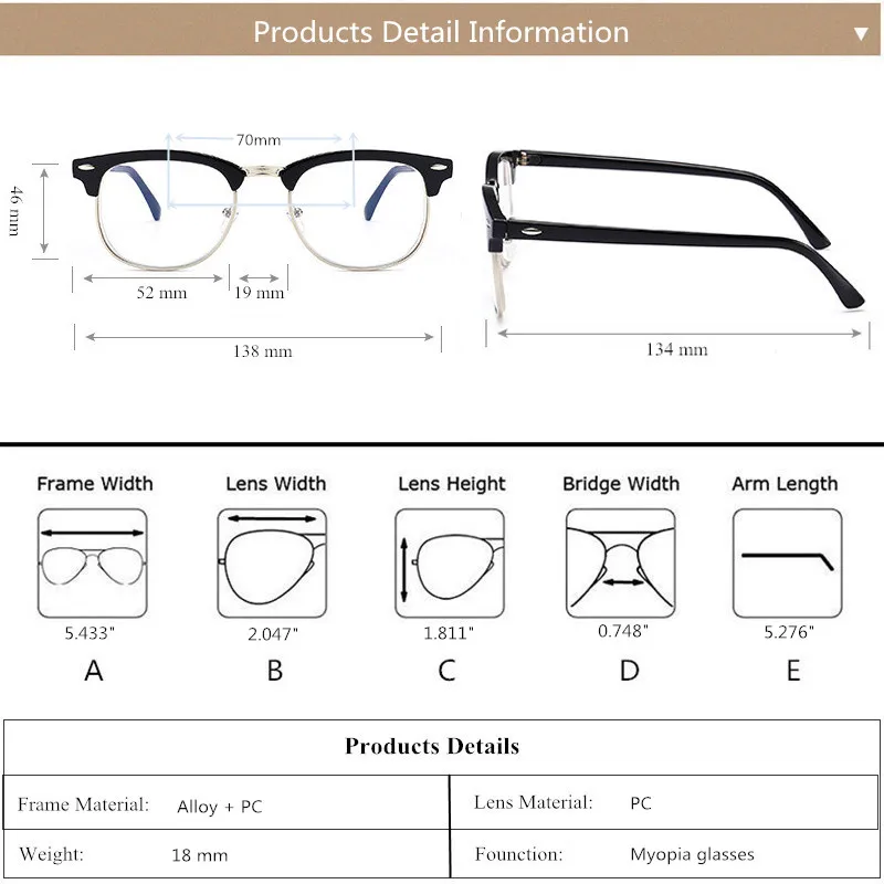Классический Для женщин с плоскими стеклами и половинной рамкой близорукость памяти оптические очки, Для мужчин по рецепту очки для близоруких-1,0-1,5-2,0-2,5~-5,0 A168