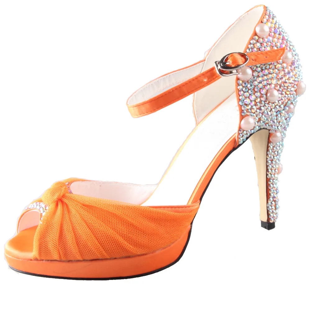 Handmade orange rhinestone watercolor wedding shoes bridal party prom dress evening pumps peep toe D'orsay small custom big size