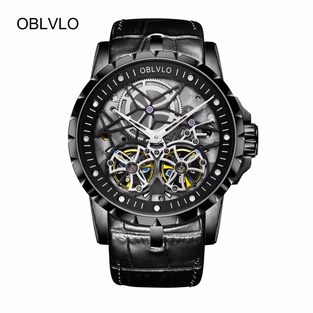 OBLVLO все черное армия армейские прозрачные часы для Для мужчин Tourbillon механические