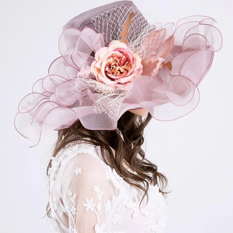 Fashion Women Floral Mesh Kentucky Derby Church Sun Hat Summer Wide Brim Cap Wedding Party Hats Beach Sun Caps Female H3