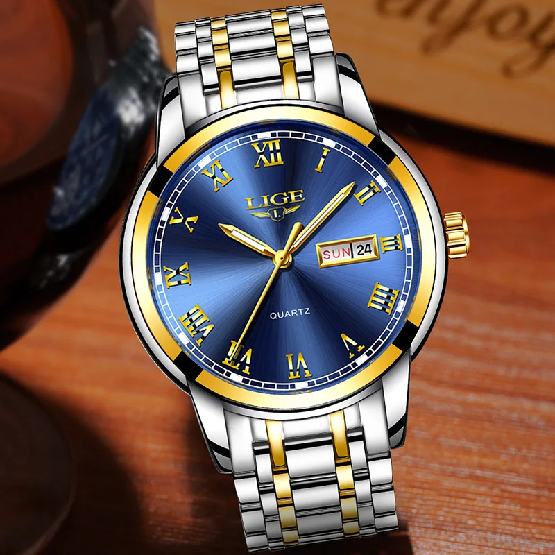 2019 LIGE Luxury Brand Men Stainless Steel Gold Watch Men's Quartz Clock Man Sports Waterproof WristWatch Relogio Masculino+B 