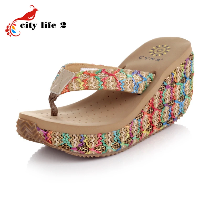 2016 Summer Bohemian Sandals Heavy Bottomed Rattan Wedged Platform Designer Shoes font b Women b font