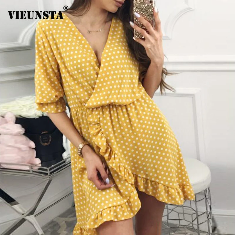 

VIEUNSTA Polka Dot Print Elegant Women Dress Sexy V Neck Ruffle Half Sleeve Summer Dresses 2018 Casual Beach Dress Vestido Femme
