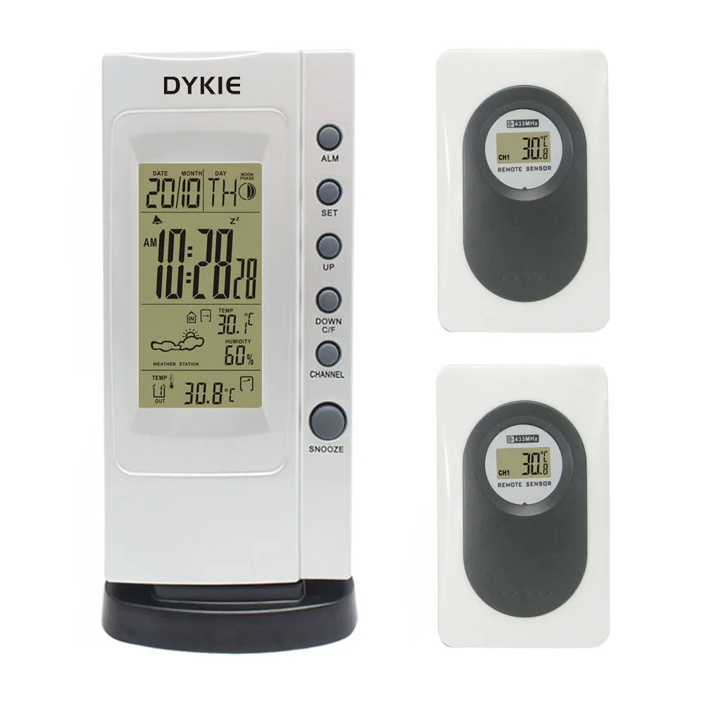 

RF Wireless Weather Station Clock Silver with Indoor Outdoor Thermometer Hygrometer Digital Alarm Clock 2 Remote Transmitters