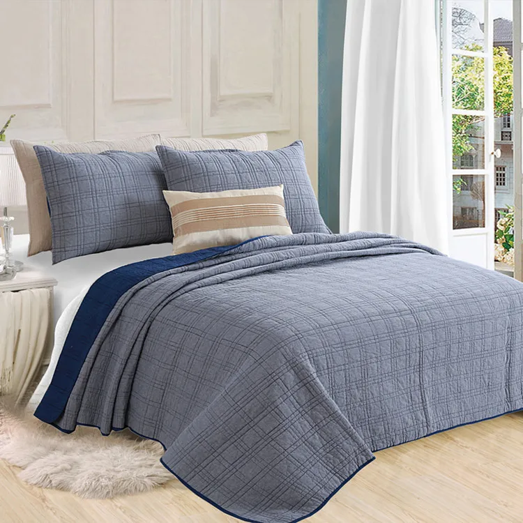 

Full size 3 Piece Shabby Blue Bedspread Set Pillow shams Reversible Plaid Bed Cover set Ultra Soft for All Season Blanket Quilt