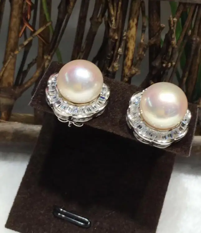 

free shipping luxury Noble jewelry charming pair of 10mm akoya seawater white pearl earring 925 silver