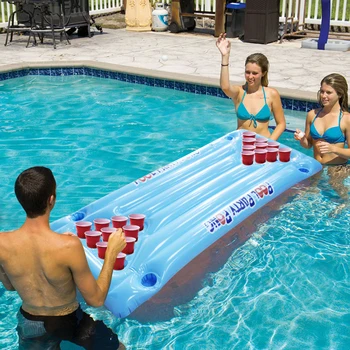 

2019 New Hot Summer Water Party Fun Air Mattress Ice Bucket Cooler 145cm 24 Cup Holder PVC Inflatable Beer Pong Table Pool Float
