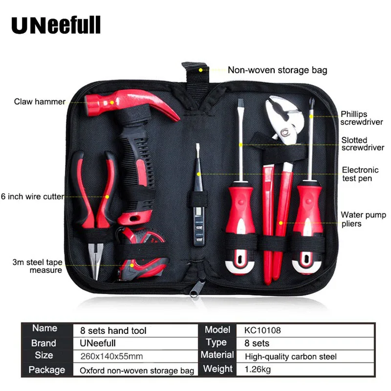 

UNeefull 8 Pcs Household Hand Tool Sets With Non-woven Storage Bag,Screwdriver,Water pump pliers,Hammer For Woodwork&Electrician