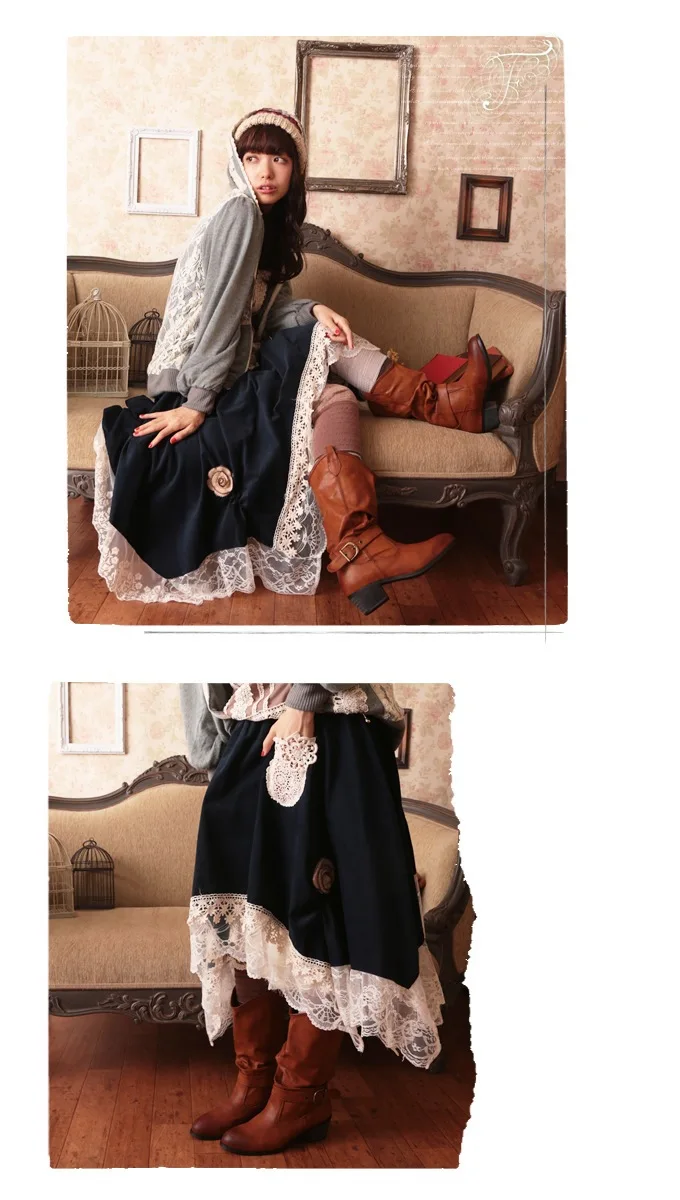 Mori Girl Lolita Vintage Lace Crochet Corduroy Skirt Asymmetrical Unique Novelty Saia Longa Women Winter Skirt Vintage CLothing mini skirt