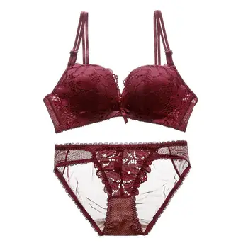 

Sexy Padded Coaster No Trace No Steel Ring Gathered Bra Panties Set Lace Solid Color Underwear Bra Set