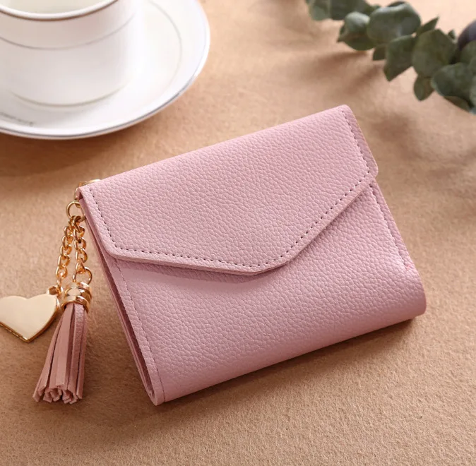 

2018 women's short Korean version wallet fringed pendant lychee tattoo Money Clip multi-card Change bag