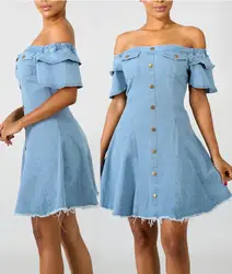 2019 Для женщин джинсовая с открытыми плечами платье сексуальные мини-платья с открытой спиной платье трапециевидной формы спереди Кнопка