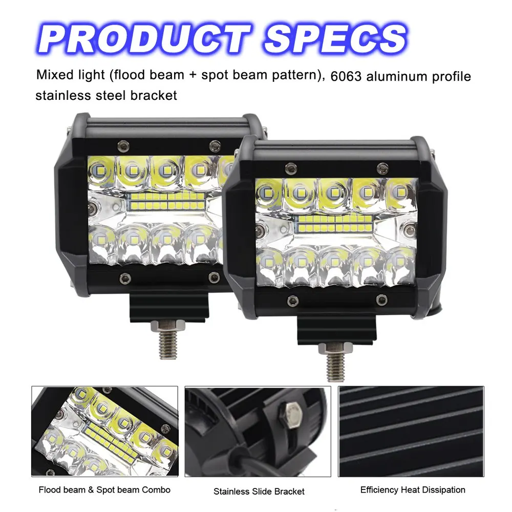 

60W Car Light Three Row 4 inch LED Off-road Work Light Waterproof Running Refit Headlights LED White Light