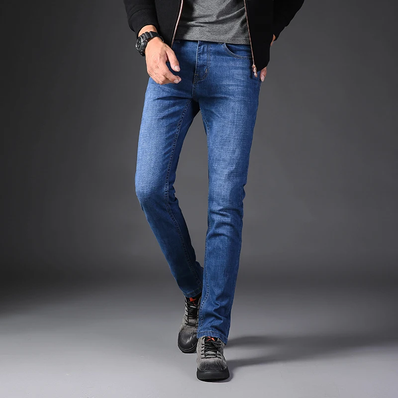 Men Autumn Winter Jeans Straight Denim Jeans New Men Solid Blue Smart ...