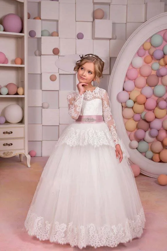 

Modest long sleeves bling beads crystals rhinestones lace-up keyhole back toddler kids first communion gowns flower girl dresses