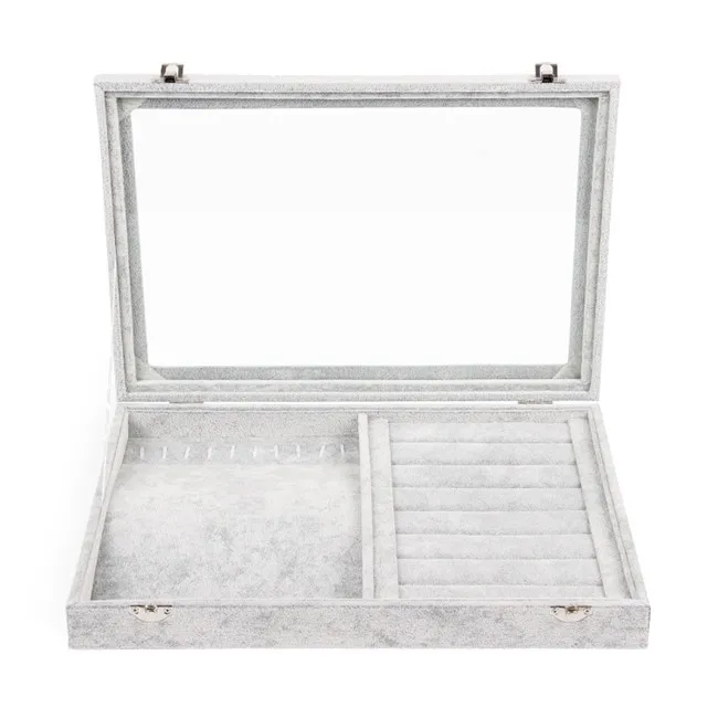 TONVIC 35,5x24,5 многофункциональный 1 шт. серый бархатный чехол для демонстрации ювелирных изделий Органайзер лоток коробка со стеклянной крышкой для Neacklace