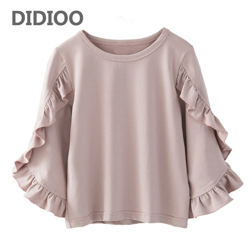 

Baby Girls T-Shirts O-Neck Flare Sleeve T-Shirts For Girls Costumes Solid Autumn Tees Spring Children Tops Kids Clothes 2 4 8 10