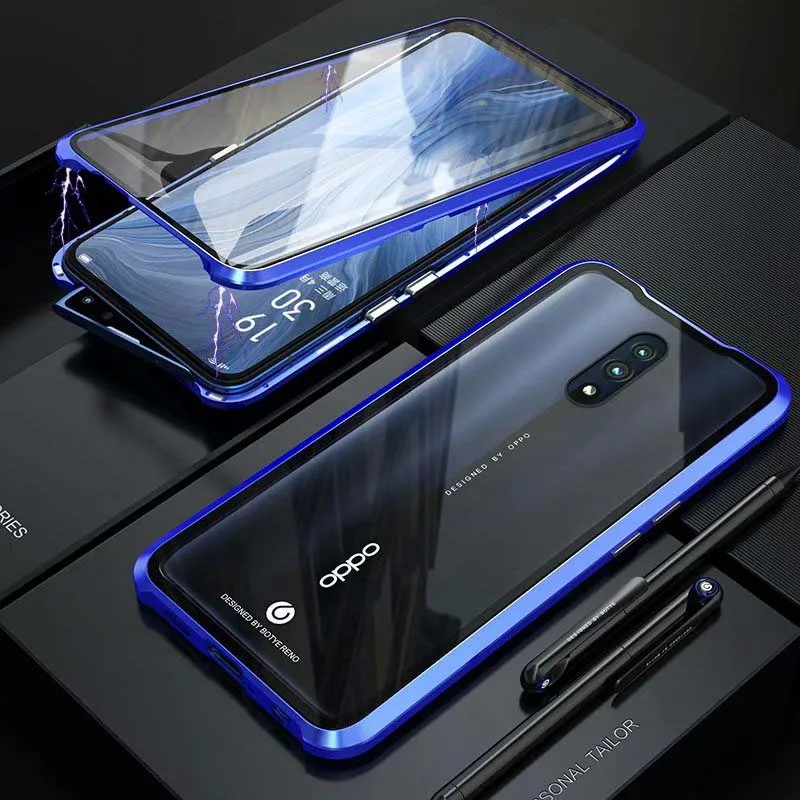 

Luxury Magnetic Front And Back Glass Case 360 Full Body Transparent Back Cover Metal Bumper For OPPO Reno 6.4 inch Coque KS0152