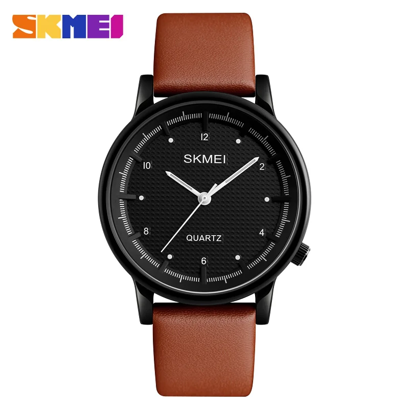 SKMEI простой бренд кварцевые часы Бизнес Мода повседневное кожаный браслет 3 бар водонепроницаемый Пряжка наручные часы большие двойные часы - Цвет: Black White Brown