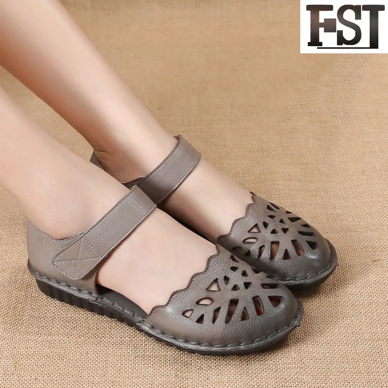 

FSJ Sandals Genuine Leather Cow Leather Ankle Strap Flat with Rubber Solid Hook & Loop Fashion Concise Unique Sewing Persoanlity