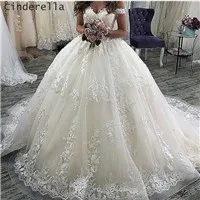 Cinderella Off The Shoulder A-Line Sweep Train Lace Up Back Lace Applique Crystal Beaded Satin Wedding Dresses vestido de noiva