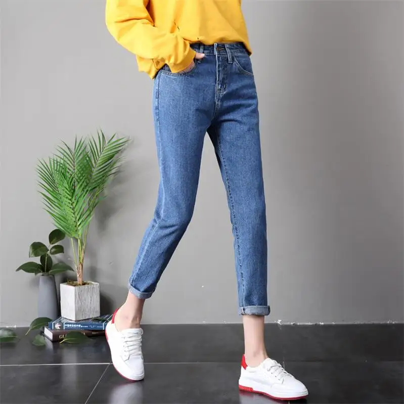 Весна с высокой талией женские джинсы для женщин в стиле бойфренд брюки джинсовые свободные брюки рваные джинсы женские джинсы больших размеров - Цвет: Dark Blue