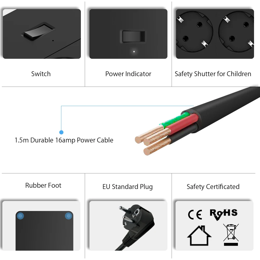 NTON POWER Smart Power Strip Защита от перенапряжения 4/6/8 розетки 4 USB порта штепсельная вилка