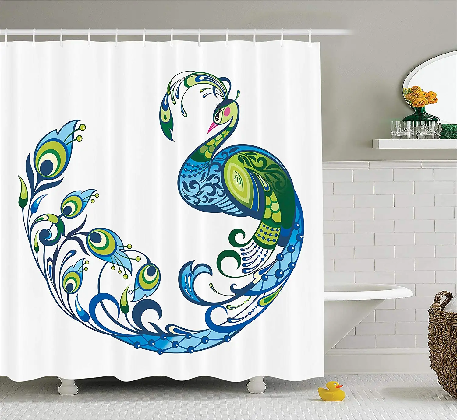 Peacock Decor Shower Curtain Colorful Fashion Curvy Pattern Tropical Summer Blossom Flourish Art Bathroom | Дом и сад