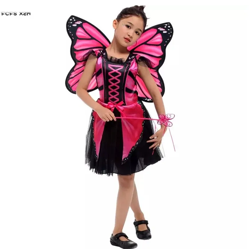 M-XL обувь для девочек Хэллоуин бабочка костюмы насекомых Дети Фея аниме косплэй карнавал Пурим шоу на сцене ролевые игры платье - Цвет: Розовый