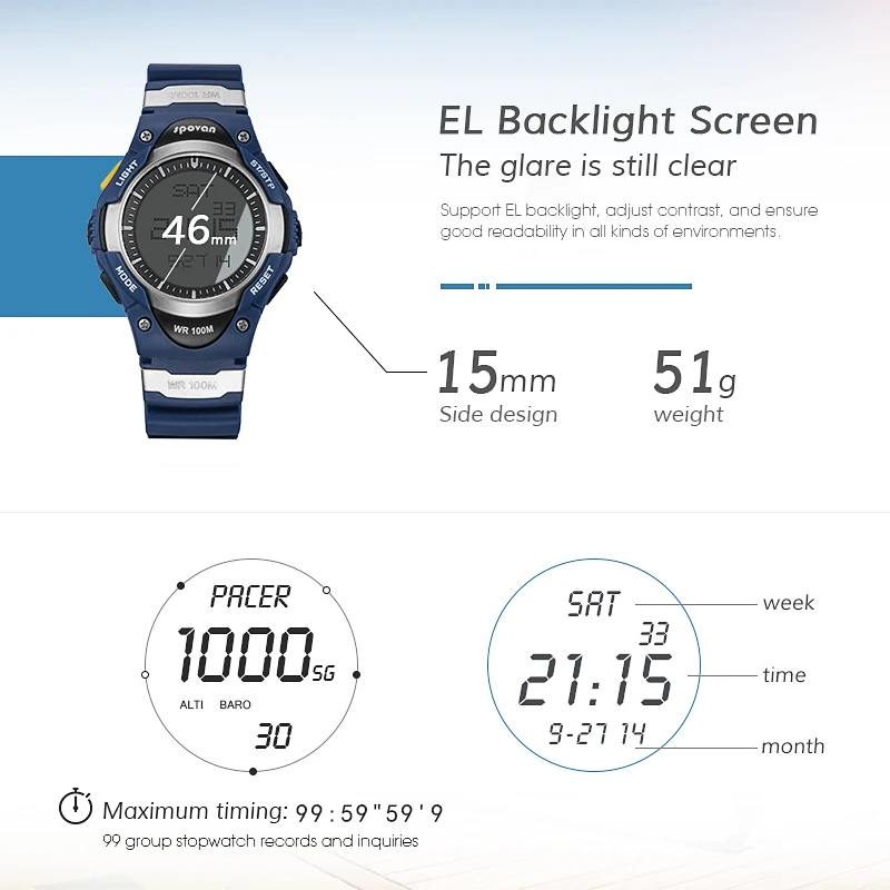 SPOVAN Мужские Цифровые спортивные часы Модные 100 м водонепроницаемые уличные электронные часы с будильником и секундомером для детей Подарки для мальчиков SW01