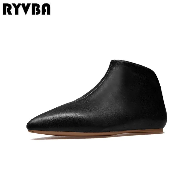 

RYVBA women winter autumn cow genuine leather ankle boots womens flat boots 2019 black woman flats ladies pointed toe shoes