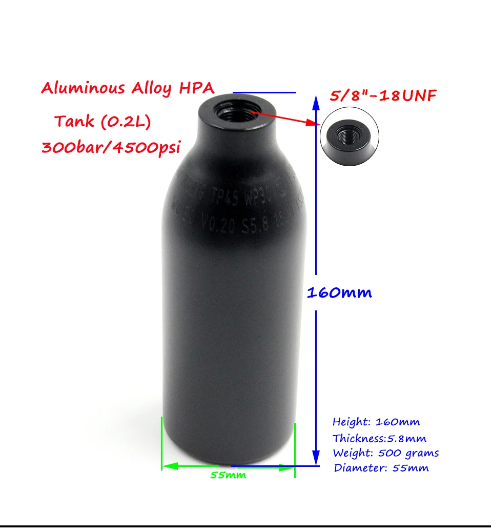 Qupb PCP Пейнтбол высокого Давление цилиндр 0.2l 4500psi гПа алюминия Air Tank w/регулятор 5/8-18unf 60 мм диаметр tku020