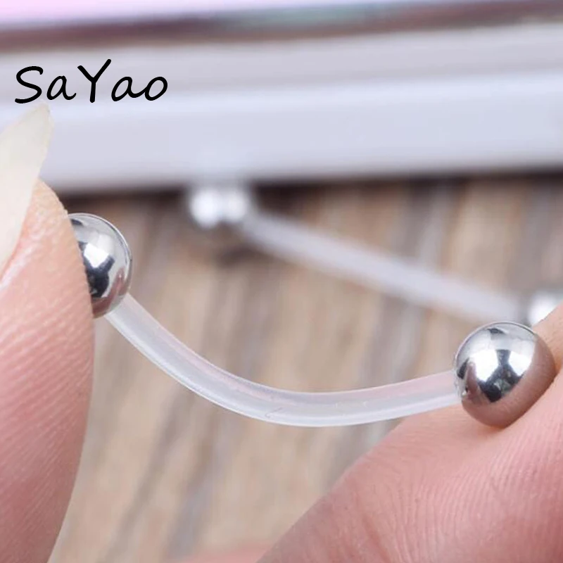 

SaYao 2 Piece Clear Soft Tongue Ring labret Noctilucent Stainless Steel Ball Flexible Tongue Nipple Ring Barbell Body Piercing