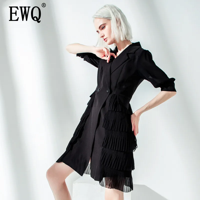 

[EWQ] 2019 Spring Summer New Pattern V-collar Short Sleeve Double Breasted Patchwork Fold Asymmetrical Dress Women AG22001