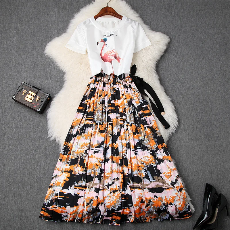 

Skirt Set Women Summer 2019 New Fashion Casual Flamingo Bird Printed Short Sleeved Loose T Shirt + Elastic Waist Bow Print Skirt