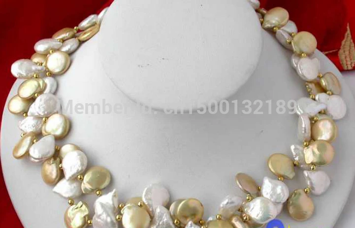 

j00570 BEAUTIFUL 2ROW 18" 14MM WHITE GOLD COIN CULTURED PEARL necklace AAA