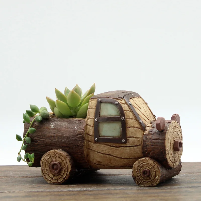 Cute Wood Craft Style Resin Succulent Cactus Flower Plant Pot Planter for Home Office Desktop Decoration | Дом и сад