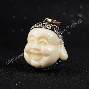 

BOROSA New! 5pcs Imitation Ox Bone Carved Smile Buddha Head Shape With Zircon Pendant Bead for Necklace 035