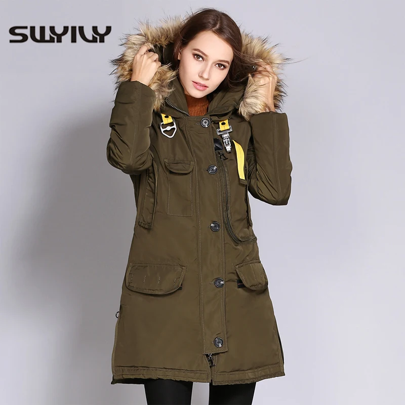 SWYIVY Winter Woman Jacket Coats Warm Long Desgin 2018 New Female Fur Collar Hooded Parkas Thick Warm Armygreen Women Coat XXXL
